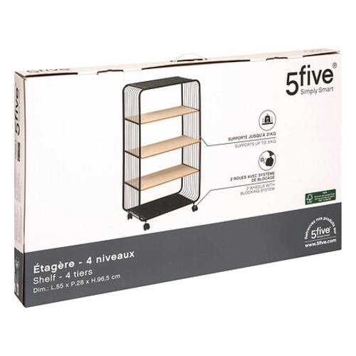 Industriální knihovna na kolečkách Glamm 4úrovňová černá přírodní 5five simply smart