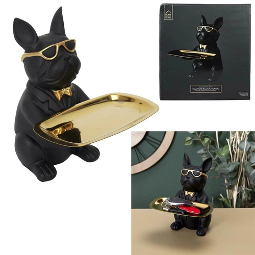 Dekorační soška buldočka organizér černý se zlatým tácem do obýváku Intesi glamour