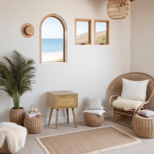 Noční stolek boho Ballo Intesi s pleteným čelem a zásuvkou, přírodní dub do ložnice