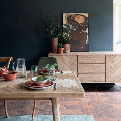 Rozkládací jídelní stůl Aeris 180–220 cm akáciové dřevo moderní deska rybí kost Atmosphera