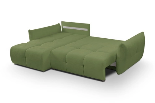 Moderní zelená rohová pohovka s rozkladem a úložným prostorem Bode levá do obýváku