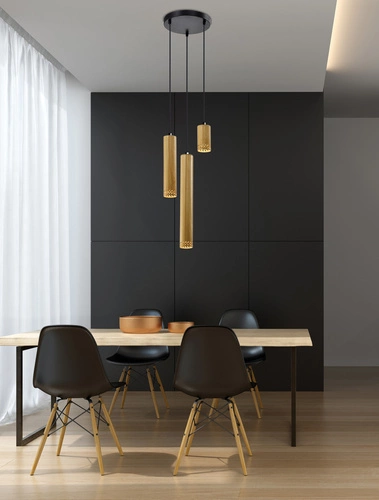 Moderní závěsné svítidlo Tubo 3bodové černé s dřevem do obýváku a jídelny
