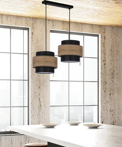 Dvojitá černá závěsná lampa 2x40W E27 černá + dřevěné stínidlo