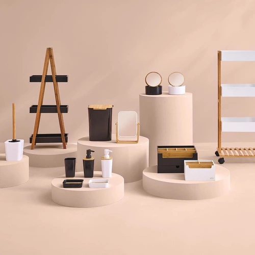 Stojací zrcadlo Natureo obdélníkové bambusové černé na líčení k toaletnímu stolku boho