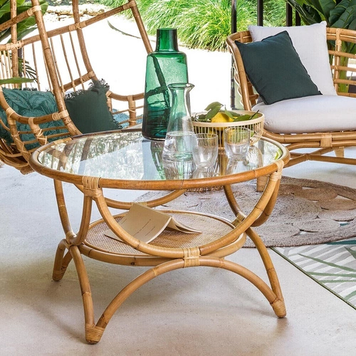 Kulatý konferenční stolek Farah 91 cm ratanový s policí boho do obýváku Atmosphera skleněný