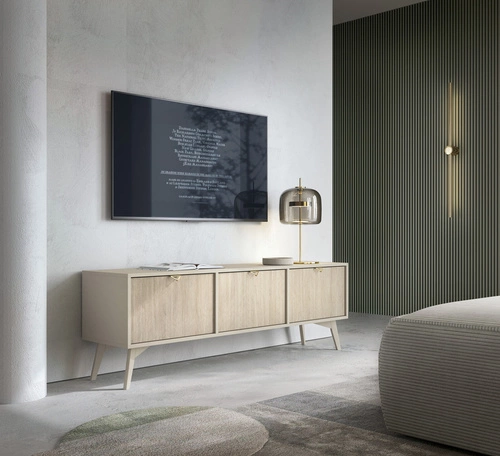 Dřevěná TV komoda Sage 160 cm stojací do obýváku v boho glamour stylu s chevronovým vzorem