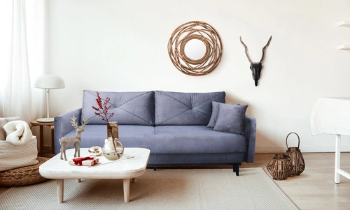 Rozkládací pohovka Saxo pro 2 osoby, moderní, tmavě modrá, s úložným prostorem do obýváku