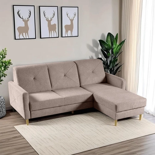 Rohová rozkládací pohovka Scandi růžová sametová do obýváku s úložným prostorem na lůžkoviny