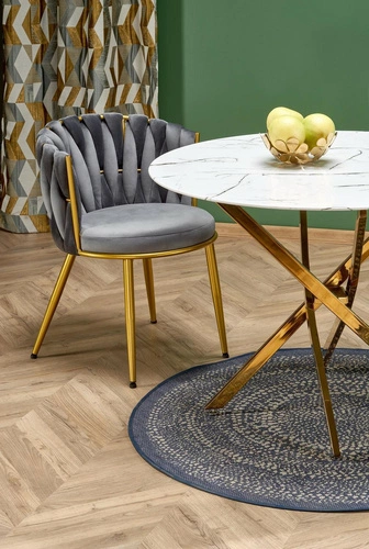 Kulatý skleněný stůl 100 cm Amber bílý mramor zlatý moderní glamour do jídelny Intesi