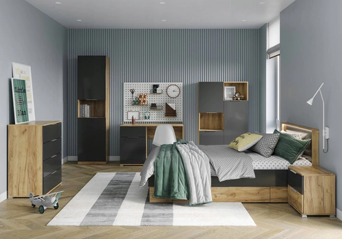 Studentská postel Lana 140x200 do ložnice se zásuvkami a LED, moderní šedý dub