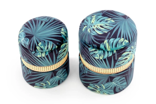 Sada 2 kulatých zelených taburetů Dadra s úložným prostorem do obýváku a předsíně ratan čalouněné