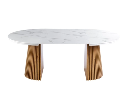 Rozkládací jídelní stůl Kyoto kulatý 120/200 cm bílý mramor dub moderní do jídelny a obýváku