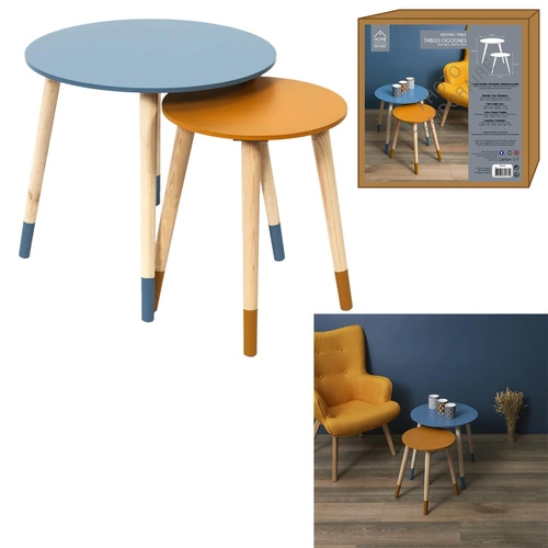 Sada 2 kulatých konferenčních stolků Trundle Intesi v severském stylu do obýváku modrá oranžová