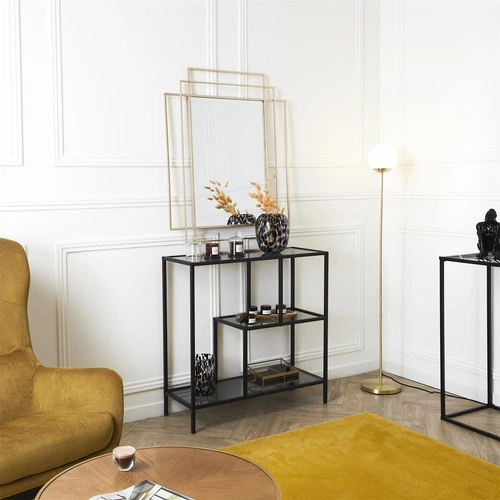 Kovová police Edison černá se 3 skleněnými policemi do obývacího pokoje v loftovém stylu Intesi