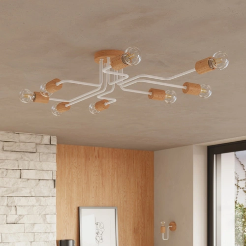 Loftový lustr TIMBO 6 bílý s dřevem moderní stropní svítidlo do obýváku