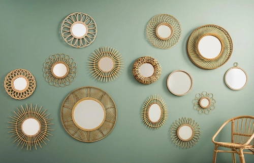 Kulaté boho zrcadlo Sun Atmosphera v dřevěném rámu do obýváku nebo ložnice 58 cm