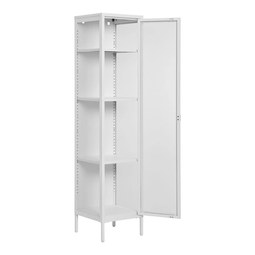 Úzká bílá vitrína Brisbane Intesi s kovovými nohami moderní na knihy do obývacího pokoje skleněná