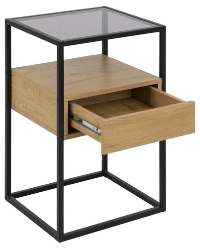 Noční stolek Randolf 40 cm s kouřovým sklem a černým kovem – industriální styl od Actona