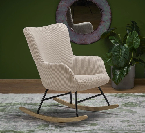 Houpací křeslo ušák Donelia na lyžinách do obýváku krémový manšestr boho s područkami