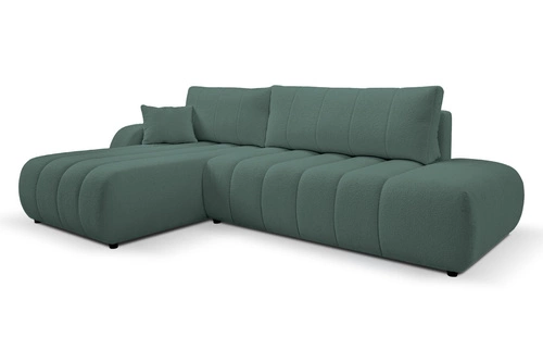 Moderní zelená rohová pohovka Hobro s úložným prostorem a rozkladem levá do obýváku