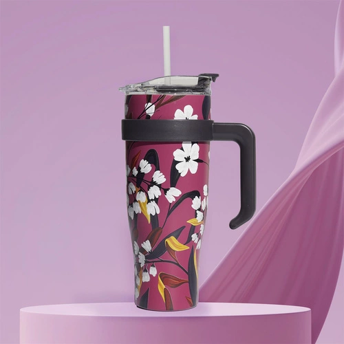 Termohrnek s uchem Fleur Intesi 1,2 l růžový nerez na kávu s sebou