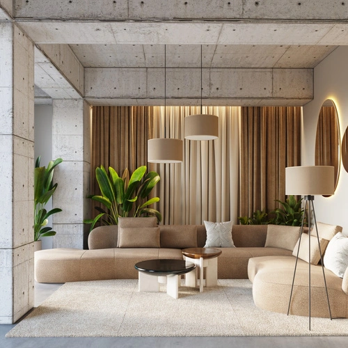 Stojací lampa do obýváku NEVIA moderní béžová s textilním stínidlem trojnožka 135 cm