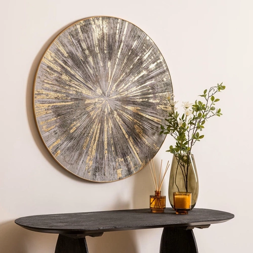 Nástěnná dekorace Izzie 80 cm šedá se zlatým vzorem, moderní ozdoba na stěnu do obýváku Atmosphera