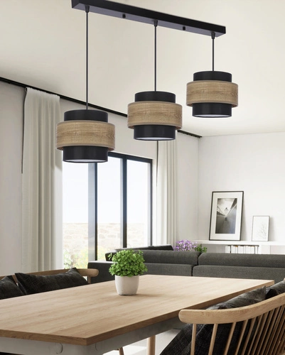 Dvojitá černá závěsná lampa 3x40W E27 černá + dřevěné stínidlo