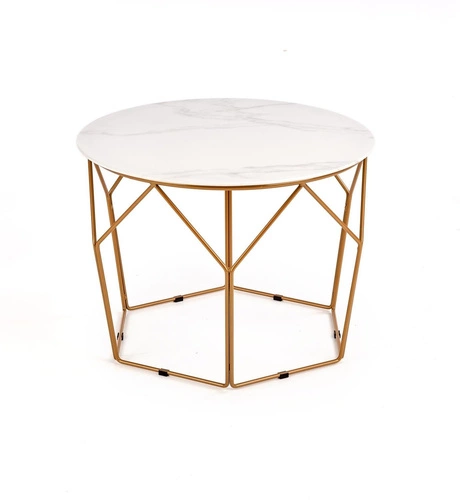 Konferenční stolek Safakis kulatý skleněný bílý mramor zlatý moderní glamour do obýváku 60 cm