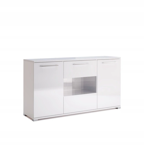 Komoda Flory 150 cm bílá lesk moderní s policemi na nožkách do obýváku Intesi