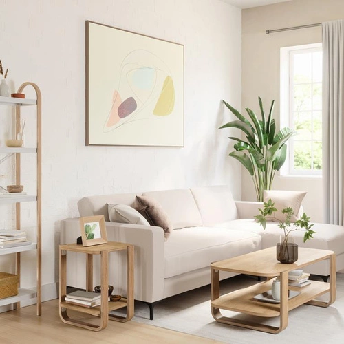 Dřevěný obdélníkový konferenční stolek s policí ve skandinávském stylu do obývacího pokoje Umbra