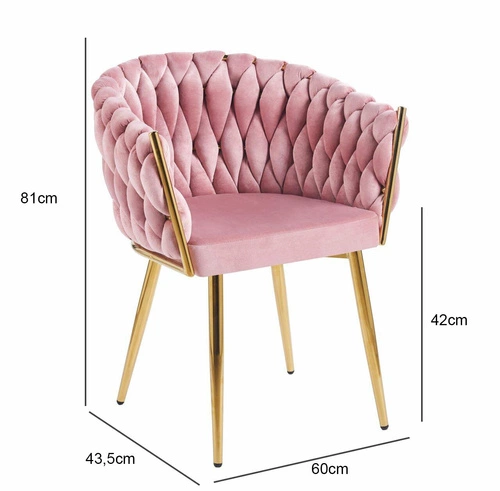 Čalouněná jídelní židle Malaya Velvet Intesi růžová s područkami ve stylu glamour na zlatých nohách