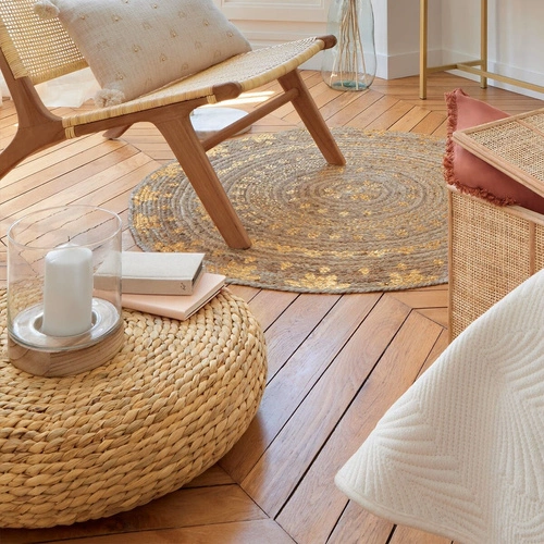 Okrúhlý boho taburet z vodního hyacintu přírodní do obývacího pokoje a ložnice Atmosphera 55 cm