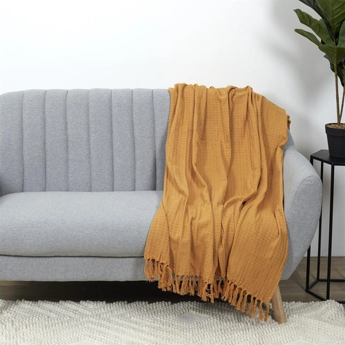 Bavlněná deka Waffle žlutá měkký pléd na pohovku a křeslo do obýváku Intesi