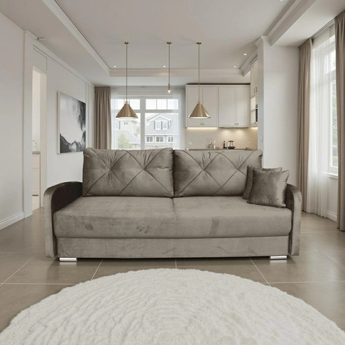 Rozkládací pohovka Urduna s úložným prostorem a funkcí spaní šedobéžová do obýváku skandinávský styl