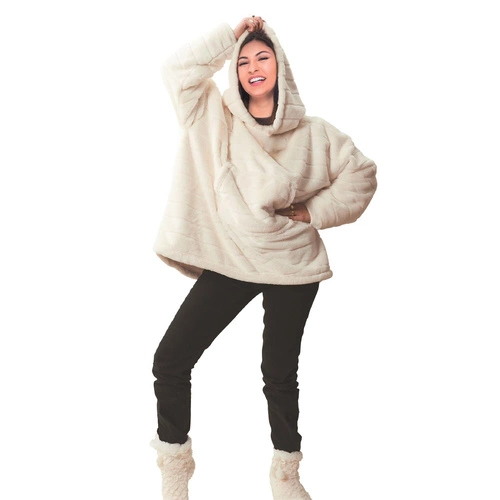 Fleecová deka s kapucí Intesi bílá teplá deka na gauč do obýváku