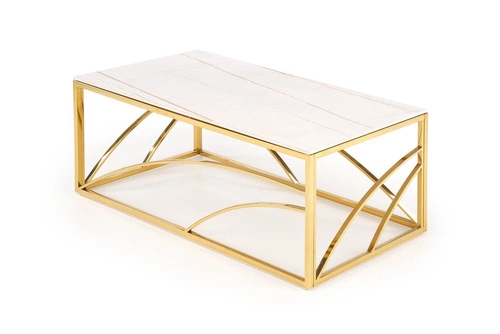 Konferenční stolek Taman obdélníkový skleněný bílý mramor zlatý glamour do obýváku Intesi 120x60