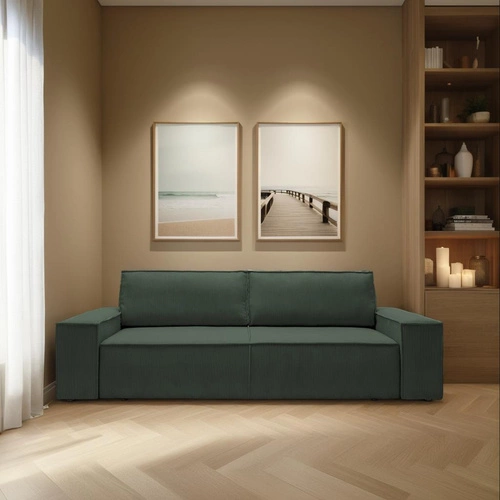 Rozkládací pohovka Molde manšestr zelená 3místná s úložným prostorem do obýváku