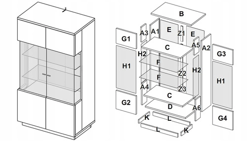 Moderní prosklená vitrína Lana dub šedý s osvětlením 100 cm do obýváku a jídelny