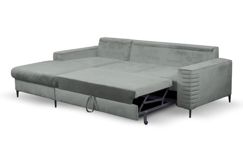 Moderní rohová rozkládací sedačka Hald levá šedá sametová do obýváku s úložným prostorem