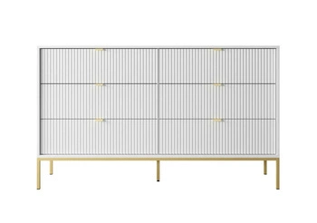 Komoda Delicious bílá s drážkovanými zásuvkami glamour na zlatých nohách do obýváku 154 cm