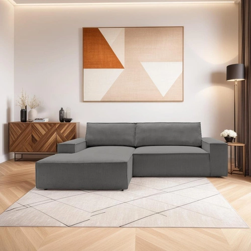 Rohová manšestrová pohovka Molde M levá s rozkladem a úložným prostorem do obýváku šedá