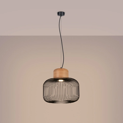 Závěsné svítidlo Gabbia 35 černé industriální do obýváku a jídelny ocel dřevo