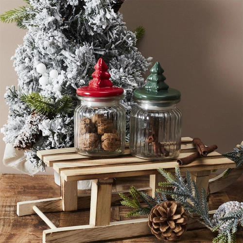 Sklenice vánoční stromek s víčkem zelená