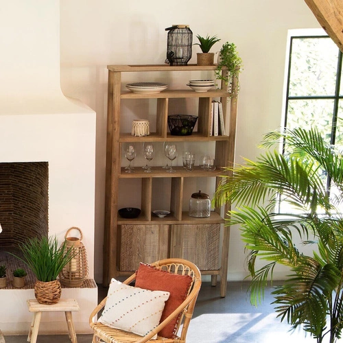 Knihovna Banila dřevěná akácie bělená s komodou do obývacího pokoje Atmosphera