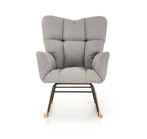 Šedé skandinávské houpací křeslo do obýváku, čalouněné, prošívané s područkami