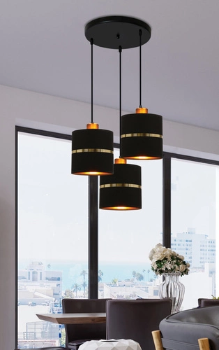 Závěsné svítidlo Assam černé s textilním stínidlem a zlatým pruhem 3bodové do obýváku nebo kuchyně