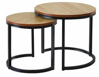 Sada 2 kulatých konferenčních stolků Mirra loftový dřevěný do obýváku přírodní/černý