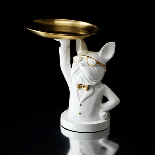 Dekorativní organizér buldok bílý se zlatým tácem Intesi do obýváku glamour