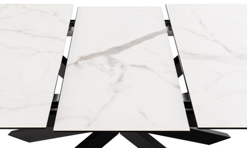 Rozkládací jídelní stůl Irwine Akranes bílá keramická deska černé nohy moderní 168–210x90 cm